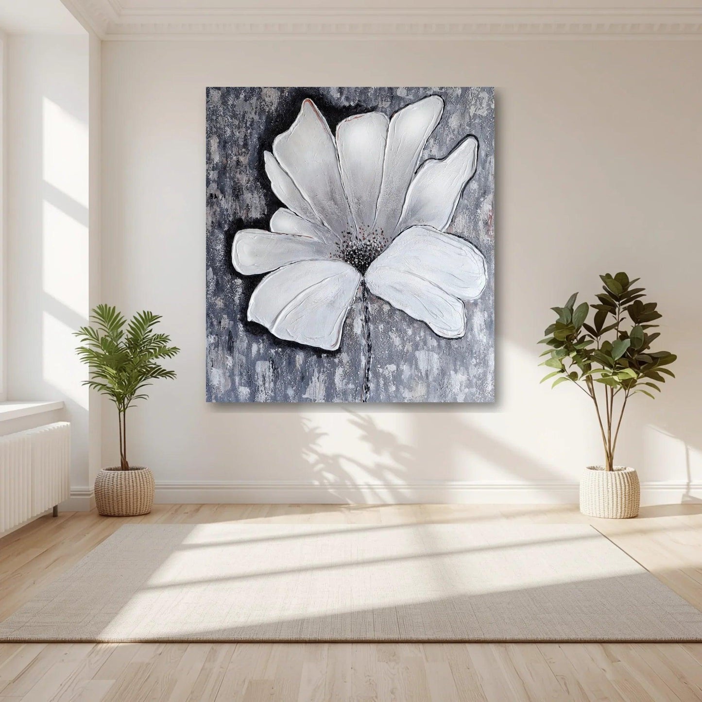 Großes 3D Blumen Wandbild als zentraler Blickfang im hellen Wohnzimmer – Moderne handgemalte Wandkunst auf Leinwand.
