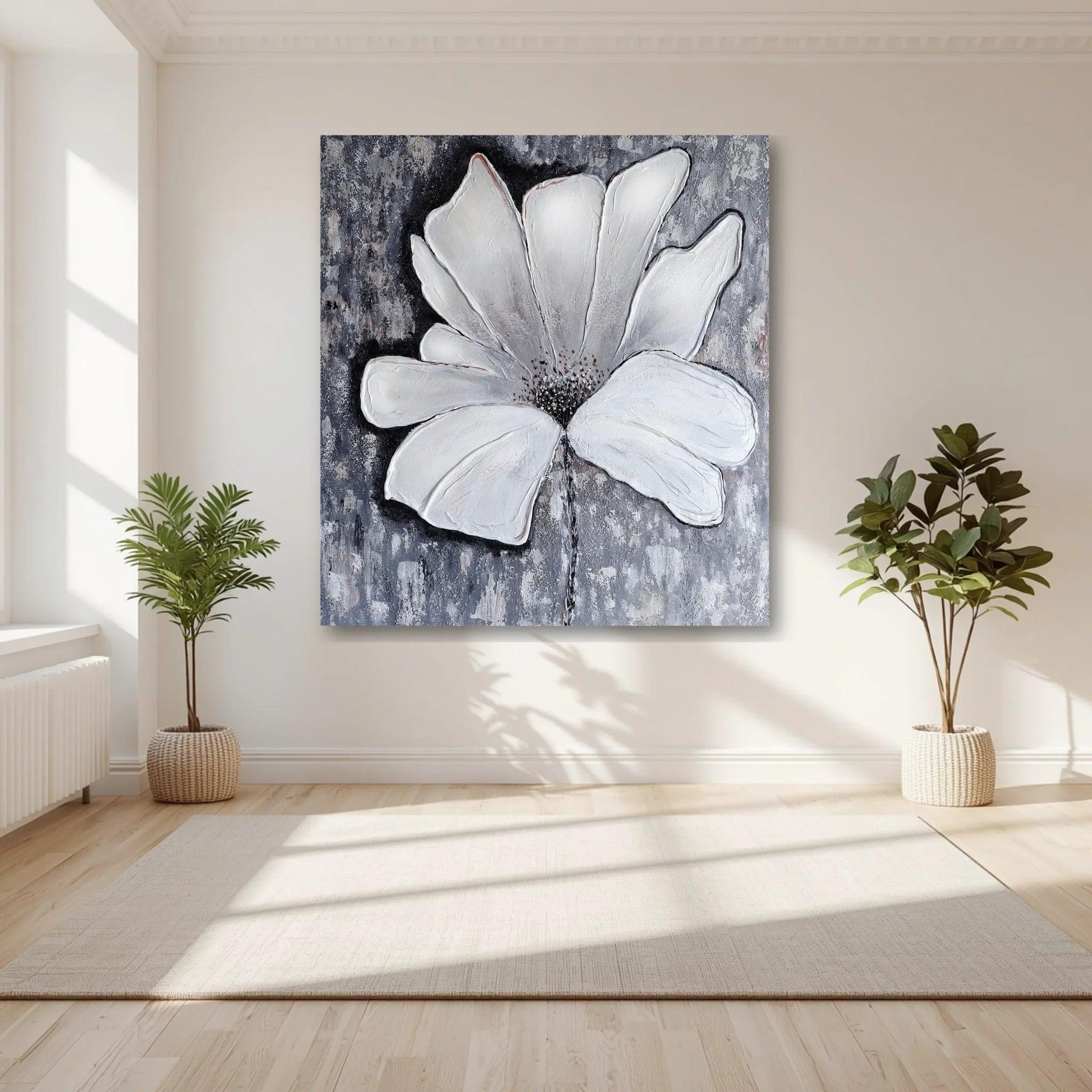 Großes 3D Blumen Wandbild als zentraler Blickfang im hellen Wohnzimmer – Moderne handgemalte Wandkunst auf Leinwand.
