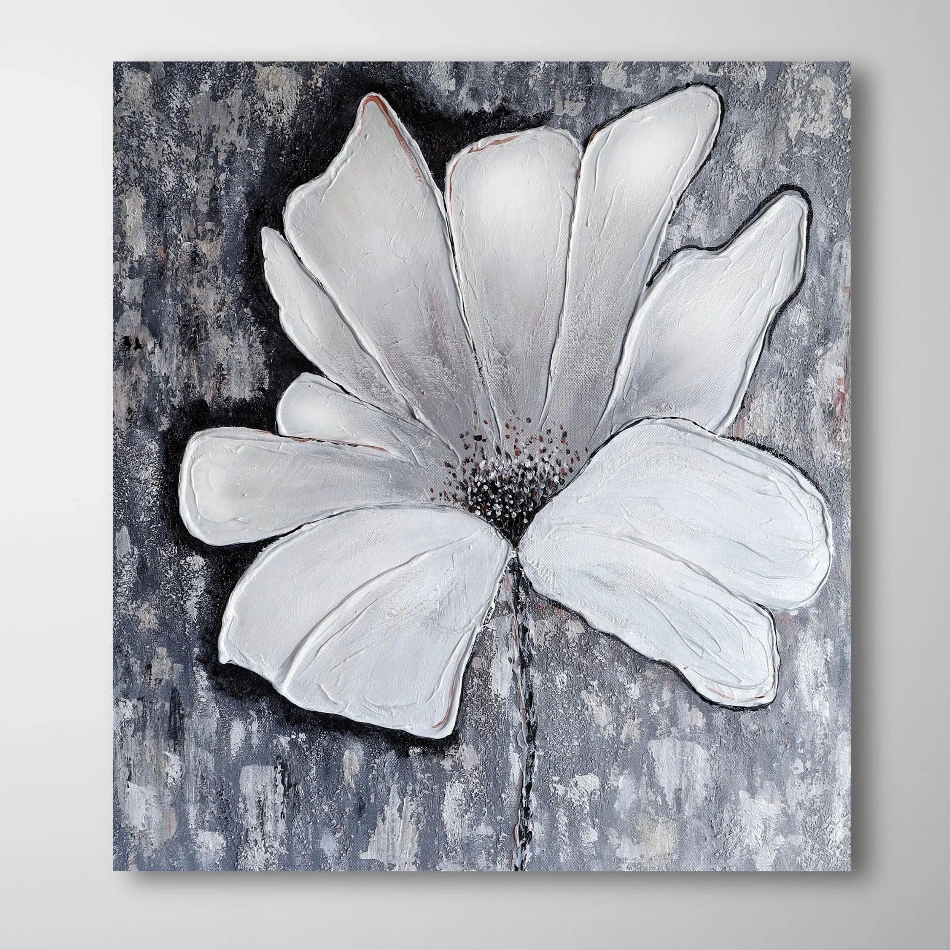 Modernes 3D Blumen Wandbild handgemalt auf Leinwand – Weiß Grau Strukturkunst für Wohnzimmer Dekoration.