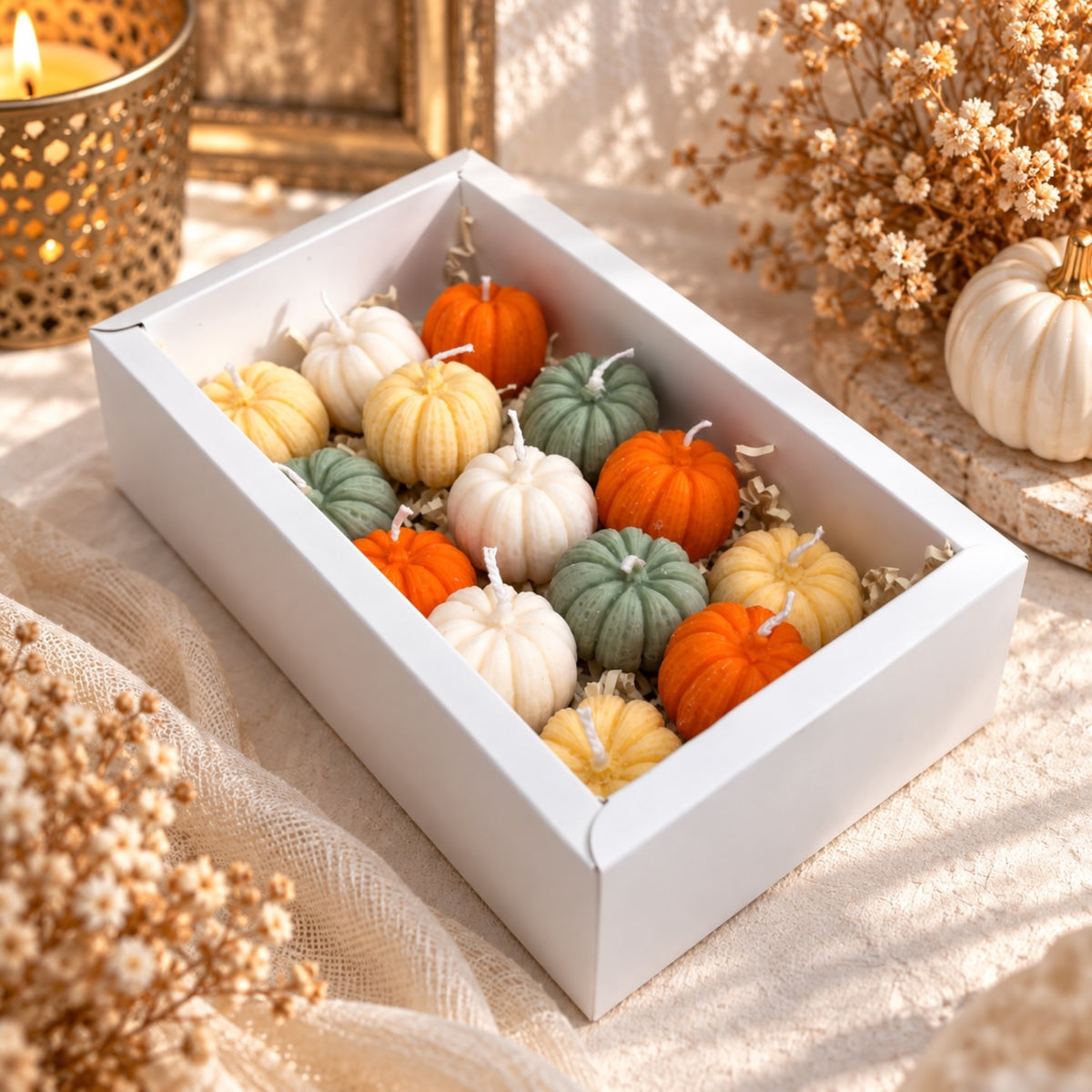 Kürbiskerzen-Set – kleine Herbstkerzen in Herbstfarben, Herbst Tischdeko