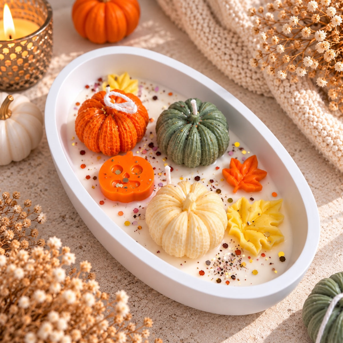 Ovale Kürbis-Duftkerze in weißer Keramik Bowl – orange, grüne und cremefarbene Kürbiskerzen mit Herbstblättern

