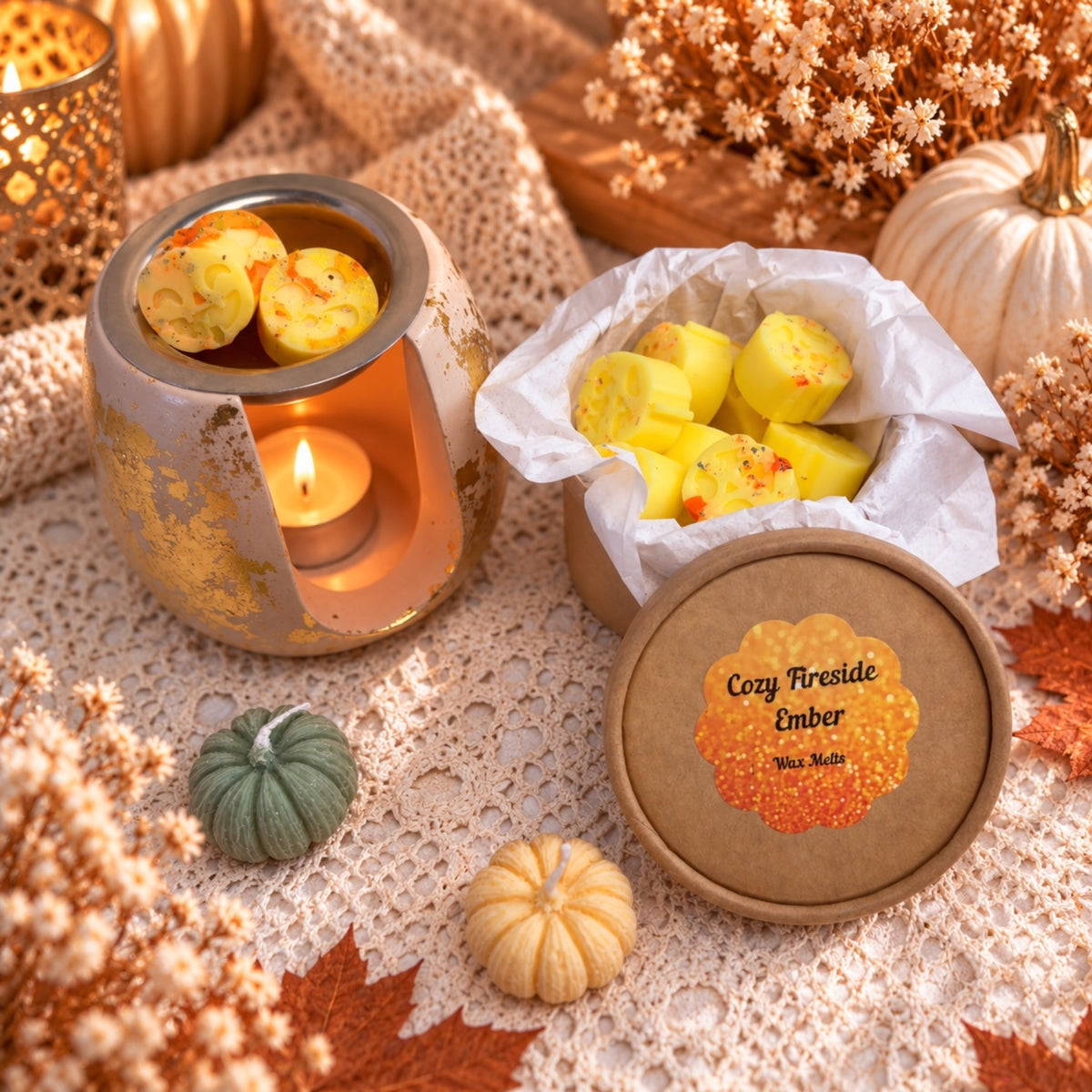 Halloween Wax Melts Kürbis gelb in Gips-Duftlampe – Duftwachs Cozy Fireside Ember aus Sojawachs in Kraftpapier-Dose, Herbst Deko von DaarArt
