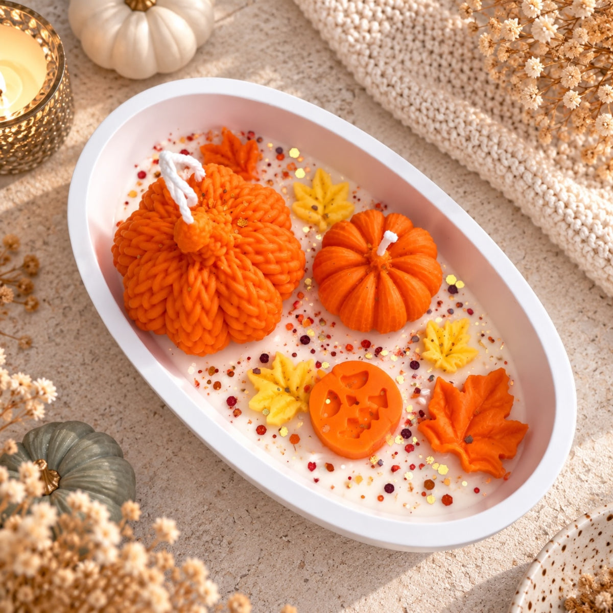 Ovale Kürbis Bowl von oben – Strickoptik-Kürbiskerzen, Jack-o-lantern und Herbstblätter in weißer Keramikschale
