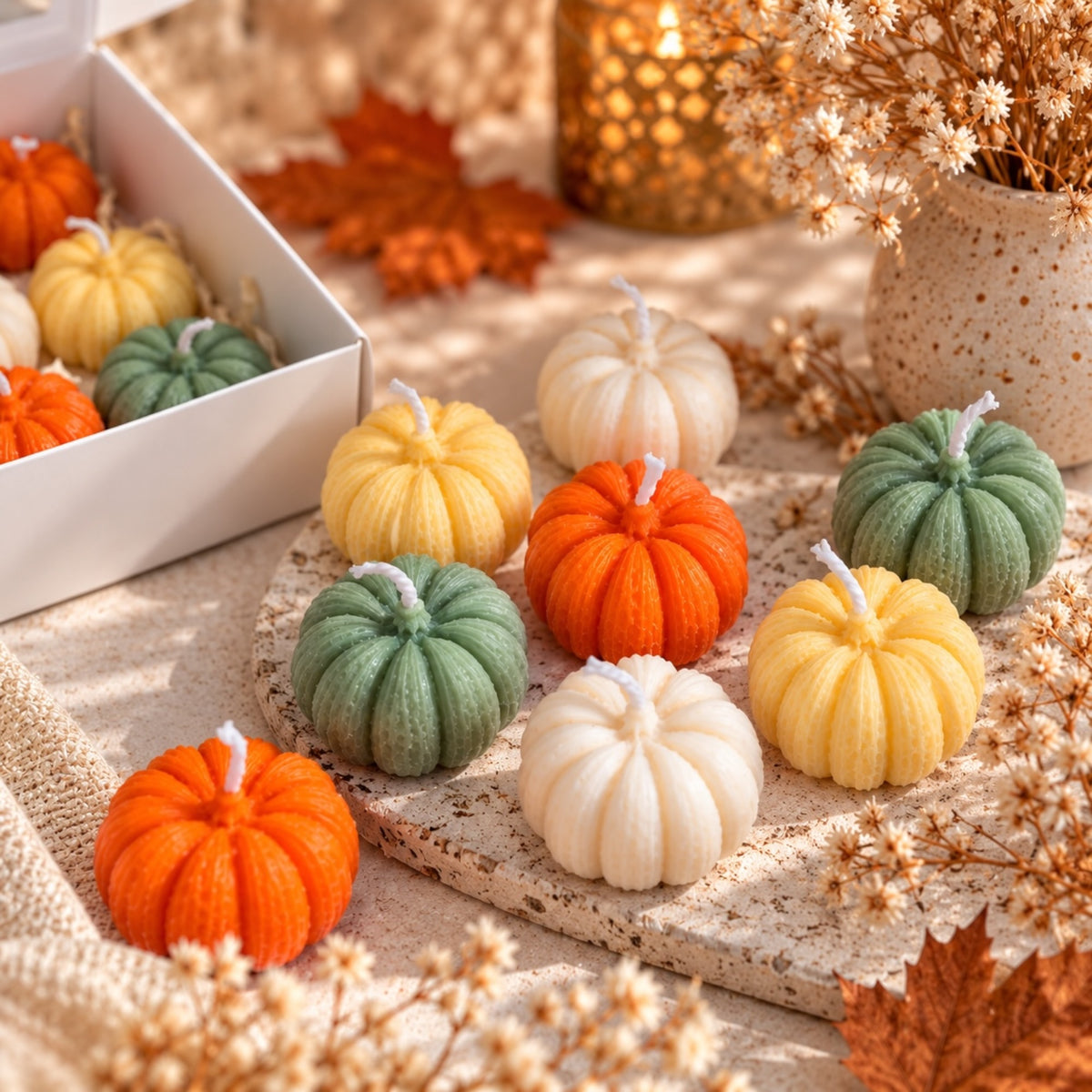 Kürbiskerzen-Set – kleine Herbstkerzen in Herbstfarben, Herbst Tischdeko