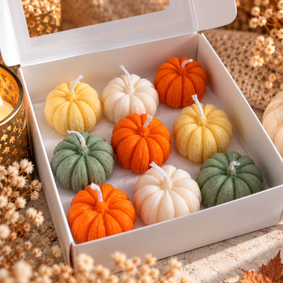 Kürbiskerzen-Set – kleine Herbstkerzen in Herbstfarben, Herbst Tischdeko