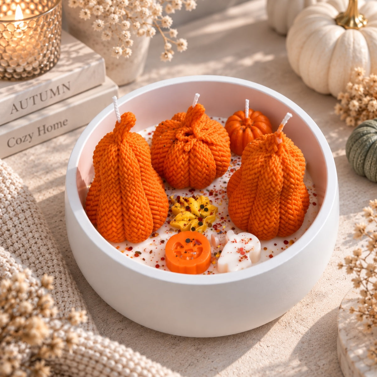 Herbstkerze in Keramik Bowl – handgegossene Kürbisse im Strickoptik-Design aus Rapswachs, Cozy Herbstdeko
