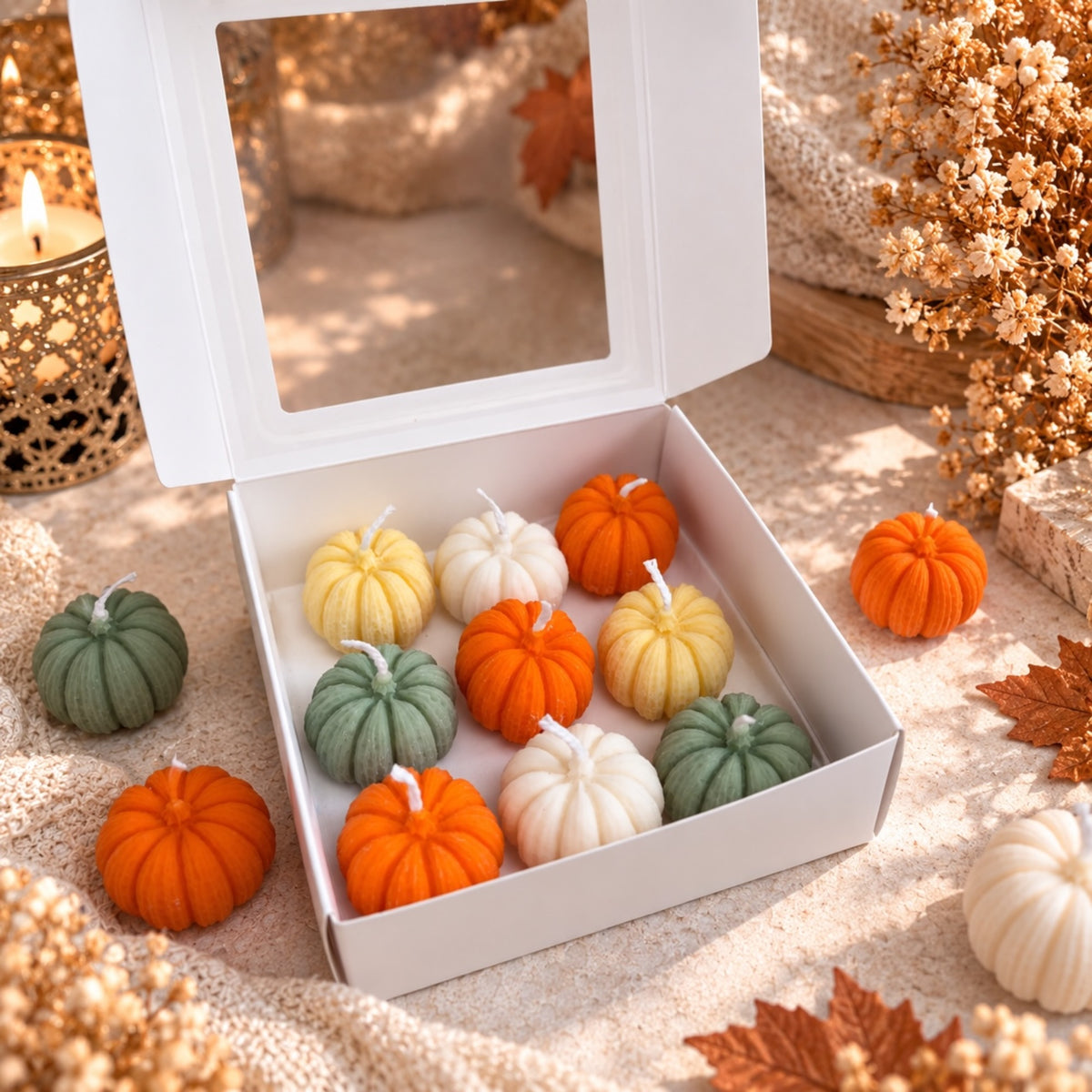 Kürbiskerzen-Set – kleine Herbstkerzen in Herbstfarben, Herbst Tischdeko