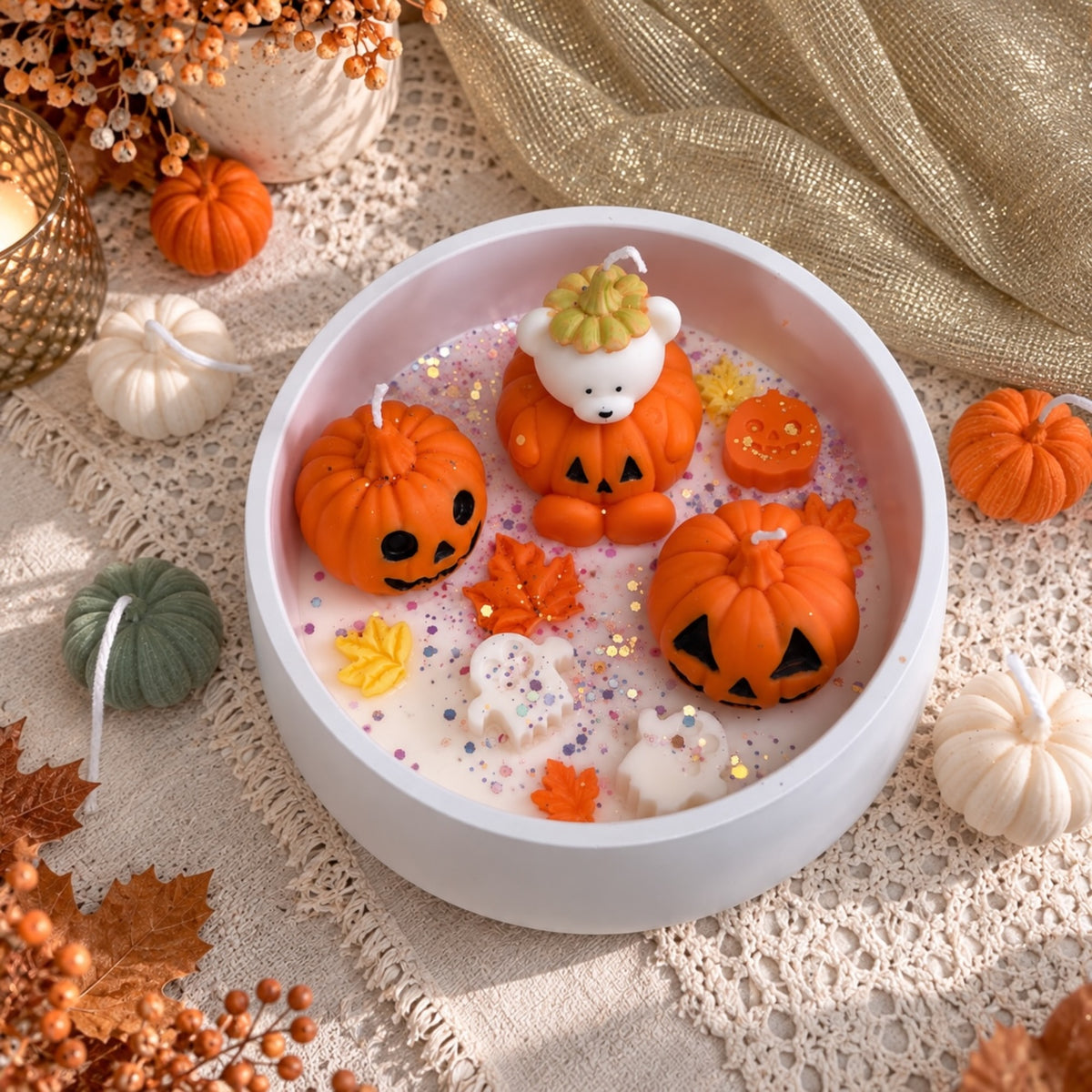  Bowl – Kürbisse mit Teddybär und Geister aus Wachs, herbstliche Tischdekoration