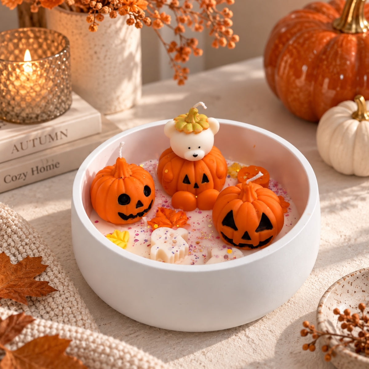 Halloween Kerzen-Bowl mit Teddybär auf Kürbis – handgegossene Duftkerze in Keramik, Herbstdeko für Wohnzimmer