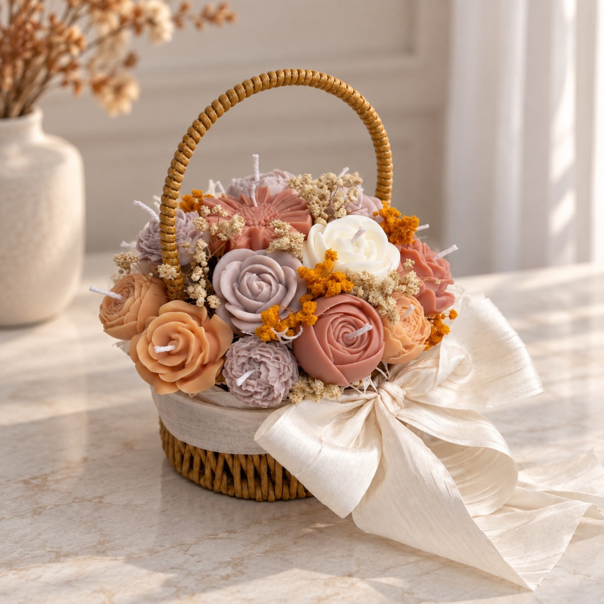 Blumenkerzen im runden Körbchen – Rosenkerzen in Rosa, Lila und Weiß mit Trockenblumen und weißer Schleife, Duftkerzenstrauß von DaarArt
