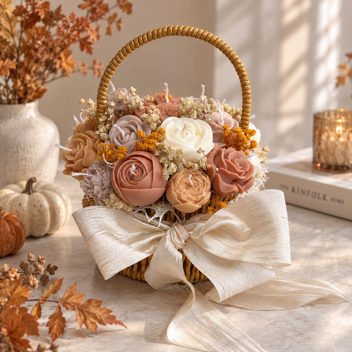 Blumenkerzen Körbchen Herbst – Rosen- und Pfingstrosenkerzen in Beige, Rosa und Weiß mit Trockenblumen, Duftkerzenstrauß als Geschenk
