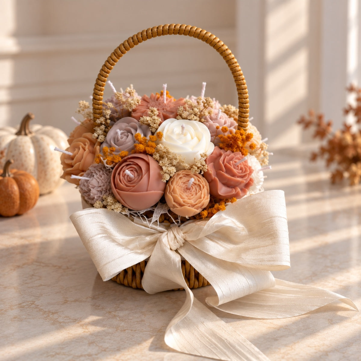 Blumenkerzen im Körbchen von vorne – handgefertigte Rosen- und Pfingstrosenkerzen in Rosa und Weiß mit weißer Schleife, Herbstdeko
