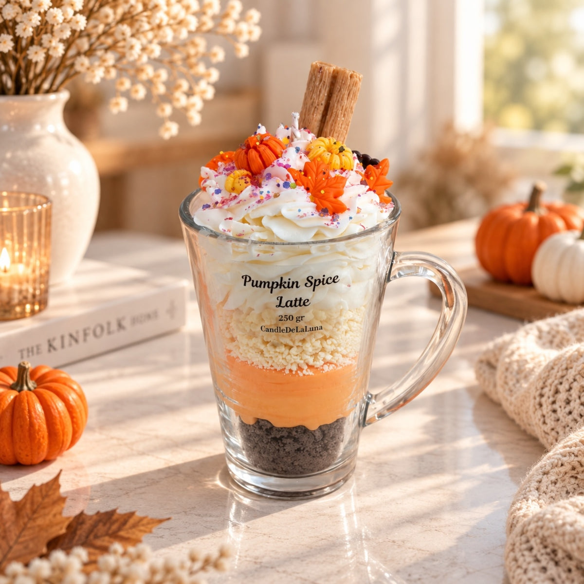 Pumpkin Spice Latte Dessertkerze im Glas seitlich – cremige Wachsschichten mit Kürbis-Deko und Zimtstange, Herbst Cozy Tischdeko von DaarArt
