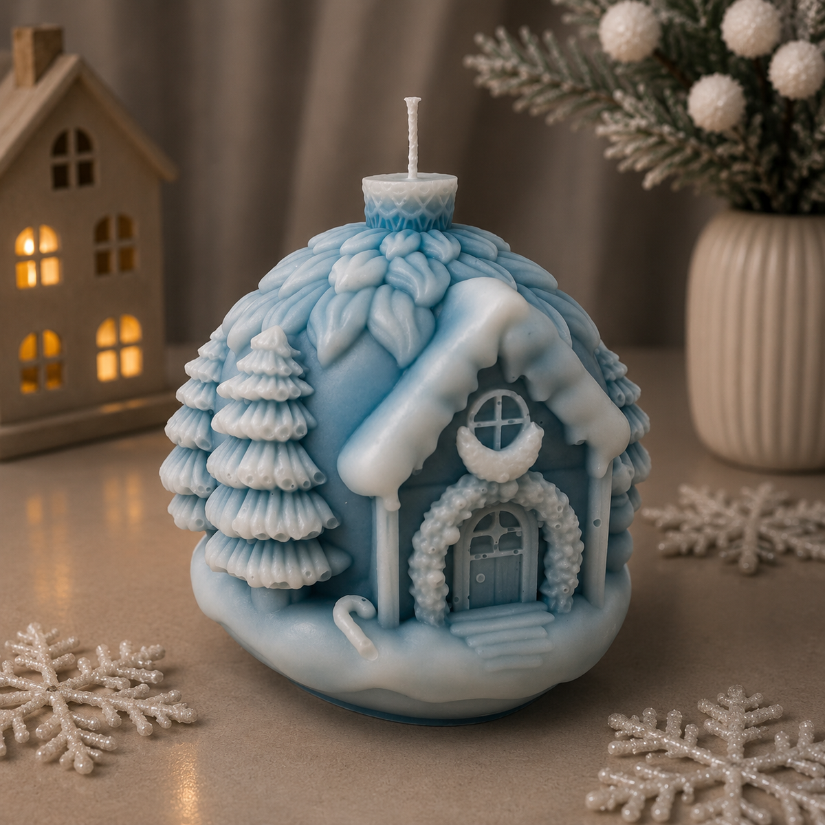 Hellblaue Weihnachtskerze als verschneites Häuschen mit Tannenbaum, Türkranz und Zuckerstange
