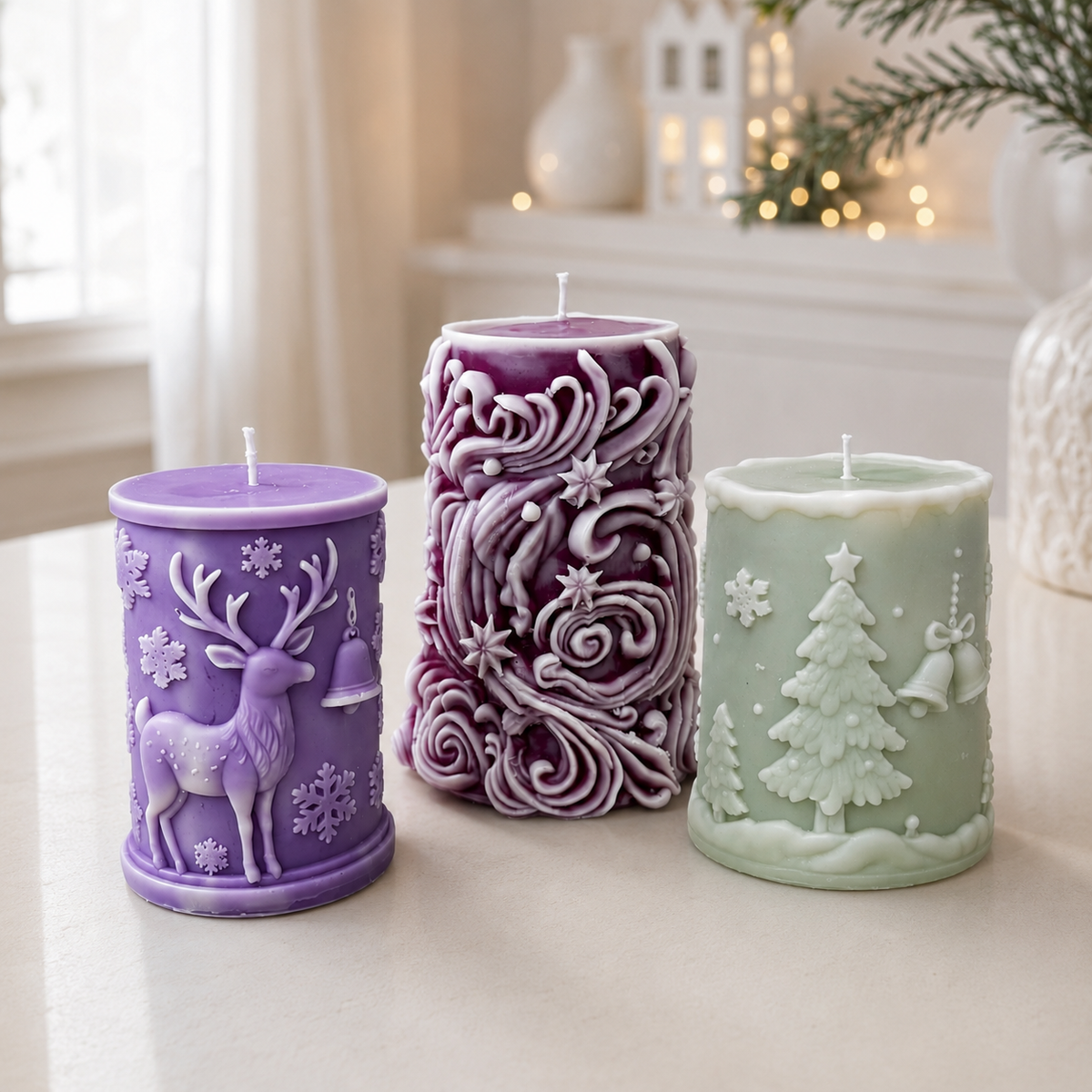 Drei Weihnachtskerzen: lila Kerze mit Hirsch und Schneeflocken, dunkellila Kerze mit Ornamenten und hellgrüne Kerze mit Tannenbaum
