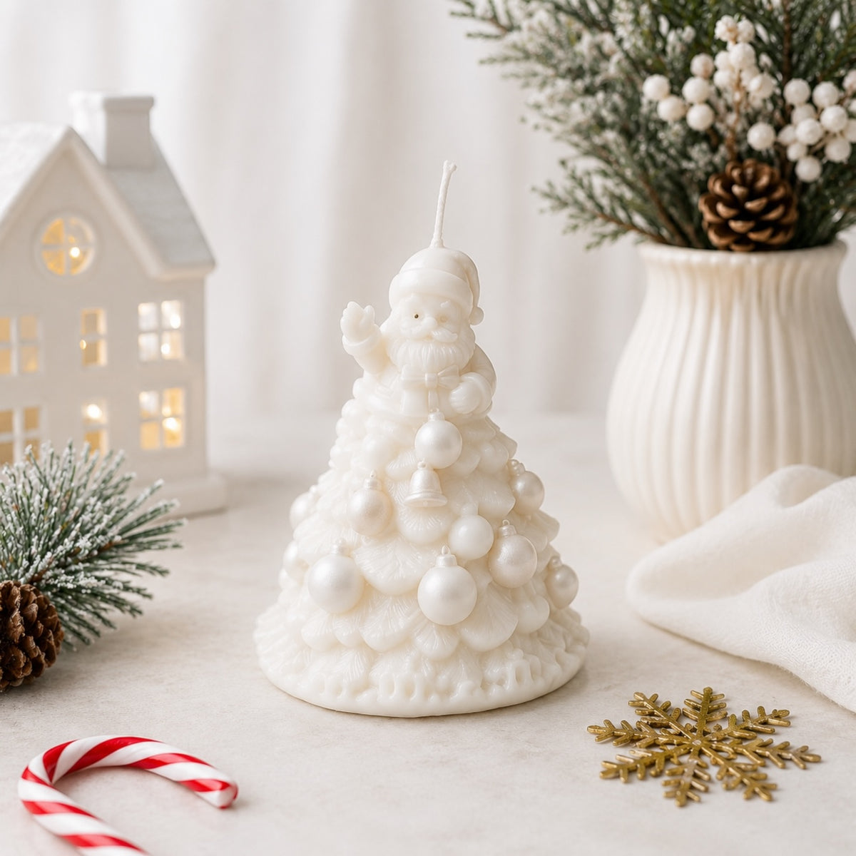 Weiße unbemalte Weihnachtsbaumkerze mit Weihnachtsmannfigur, plastischen Kugeln und Glocken neben winterlicher Dekoration
