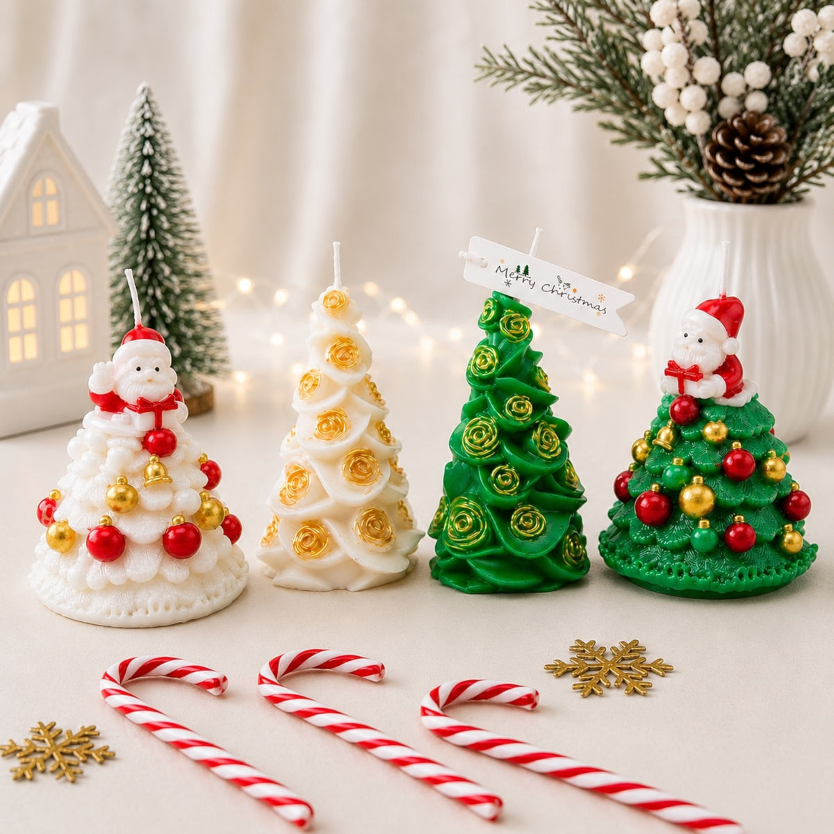 Vier Weihnachtsbaumkerzen in Weiß und Grün mit goldenen Verzierungen, zwei davon mit Weihnachtsmannfiguren und roten Kugeln
