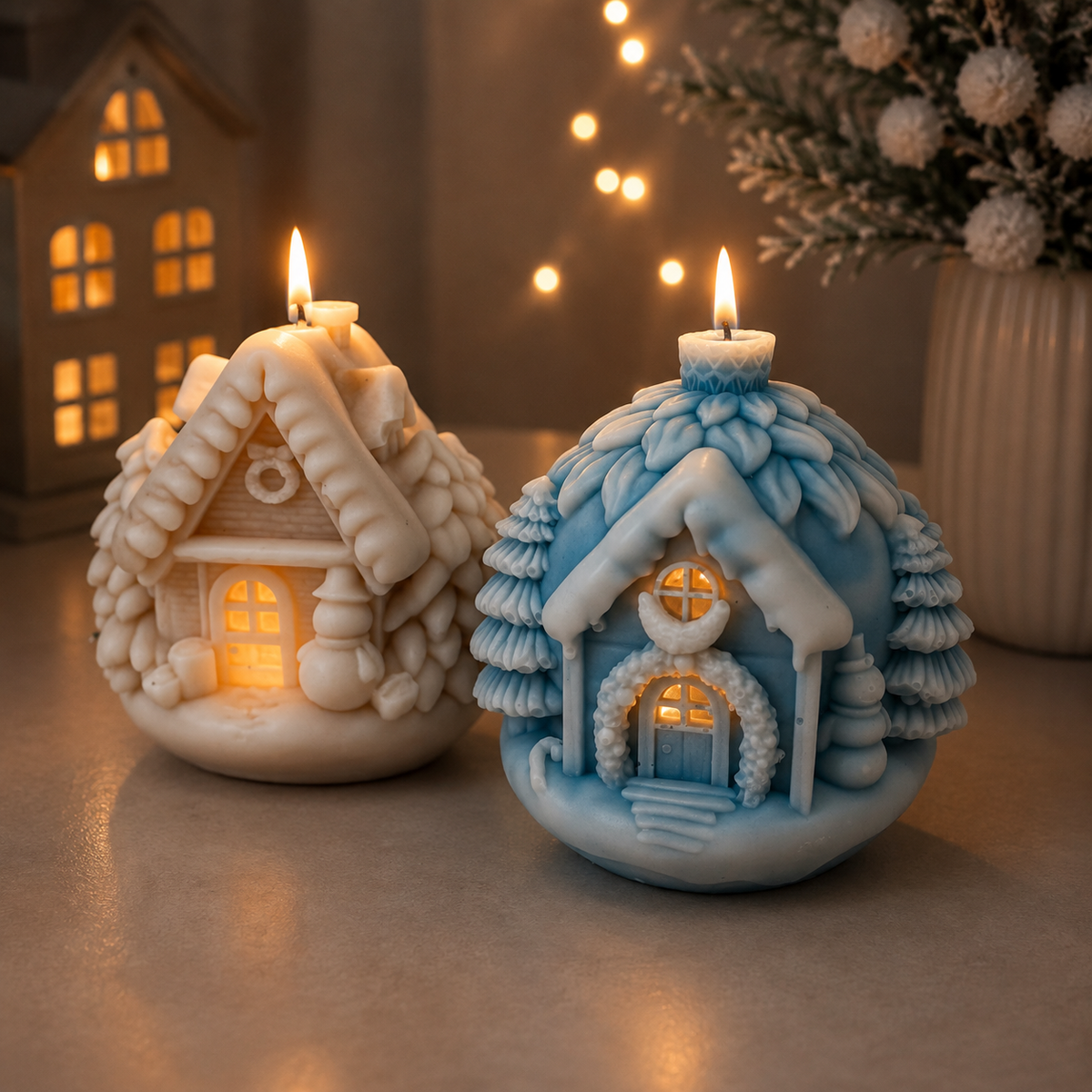 Zwei brennende Häuschen-Kerzen in Weiß-Beige und Hellblau vor Lichterkette und Weihnachtsdeko
