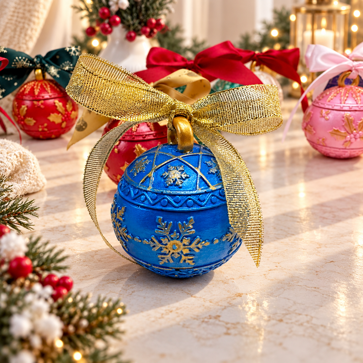 Blaue Weihnachtskugel mit Deckel, goldenen Schneeflocken und goldener Organzaschleife vor festlicher Deko
