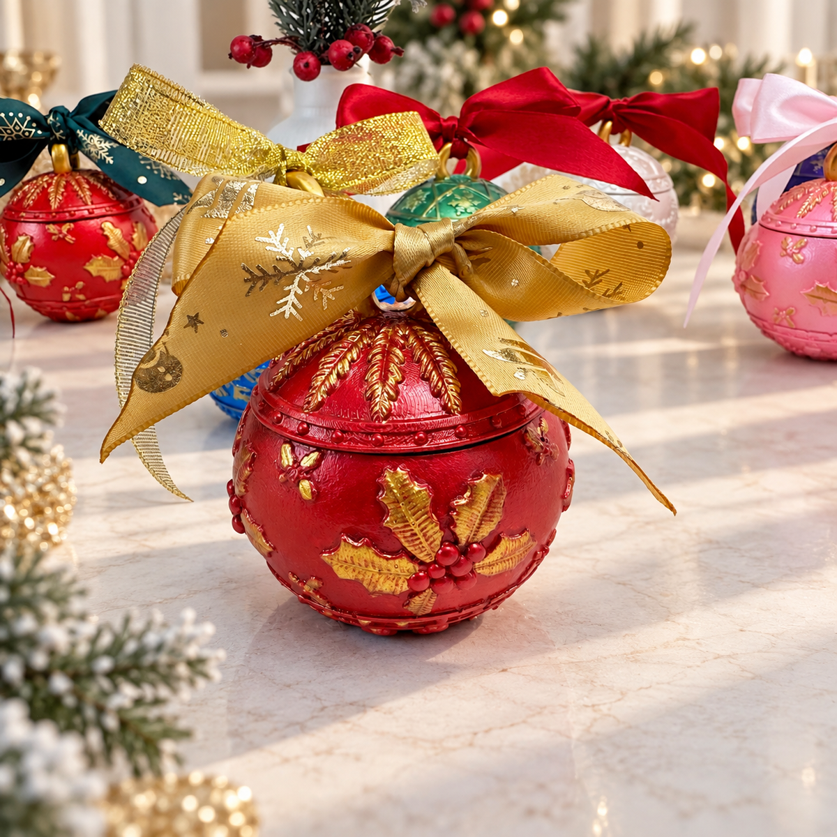 Rote Weihnachtskugel mit Deckel, goldenen Stechpalmenblättern und goldener Schleife zwischen Tannenzweigen
