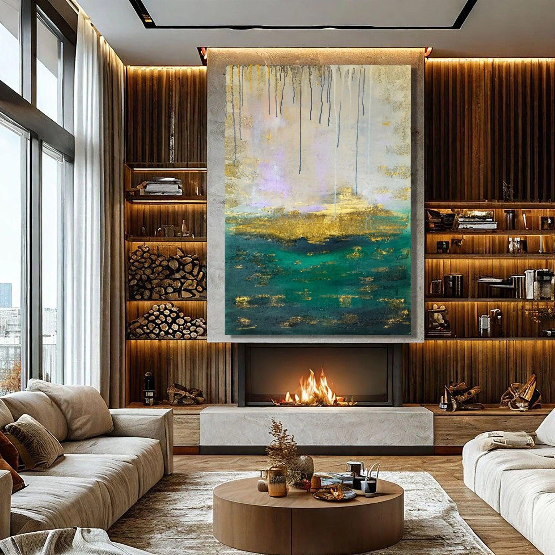 Modernes abstraktes Wandbild als Dekoration über einem Sofa im Wohnzimmer.