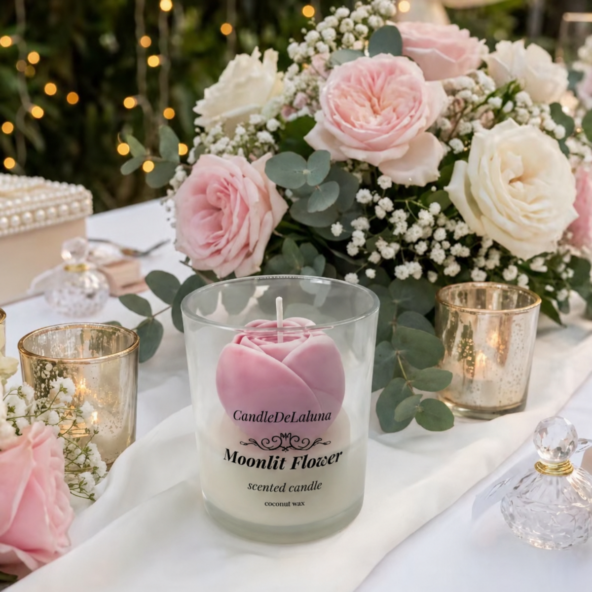 Rosa Rosenkerze im Glas auf einer Hochzeitstafel mit Rosenstrauß, Schleierkraut und goldenen Windlichtern
