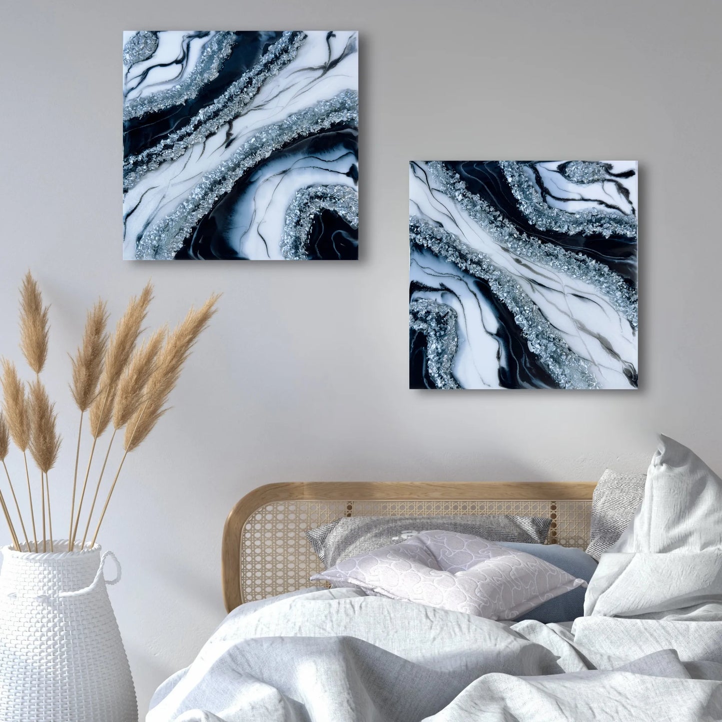 Handgefertigtes Geoden Wandbild Set in Schwarz und Weiß mit Silber-Akzenten