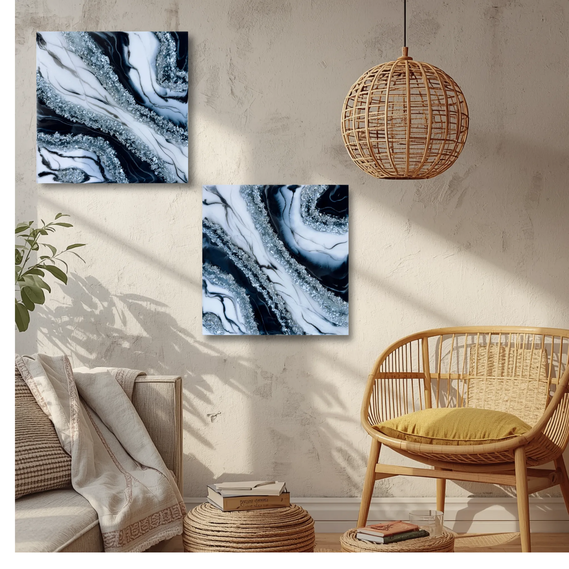 2-teiliges Resin Kunstwerk Schwarz-Weiß-Silber, moderne Luxus Wanddeko