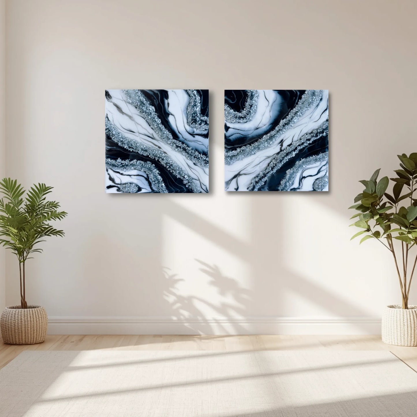 Resin Art Wandbild Set Schwarz-Weiß, handgefertigt, 50x25 cm