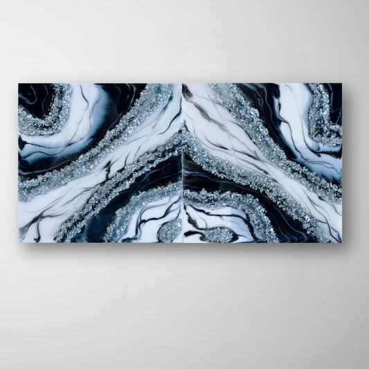 Geoden Wandbild Set Schwarz-Weiß-Silber, 2-teilige Resin Art, 50x25 cm, Frontansicht