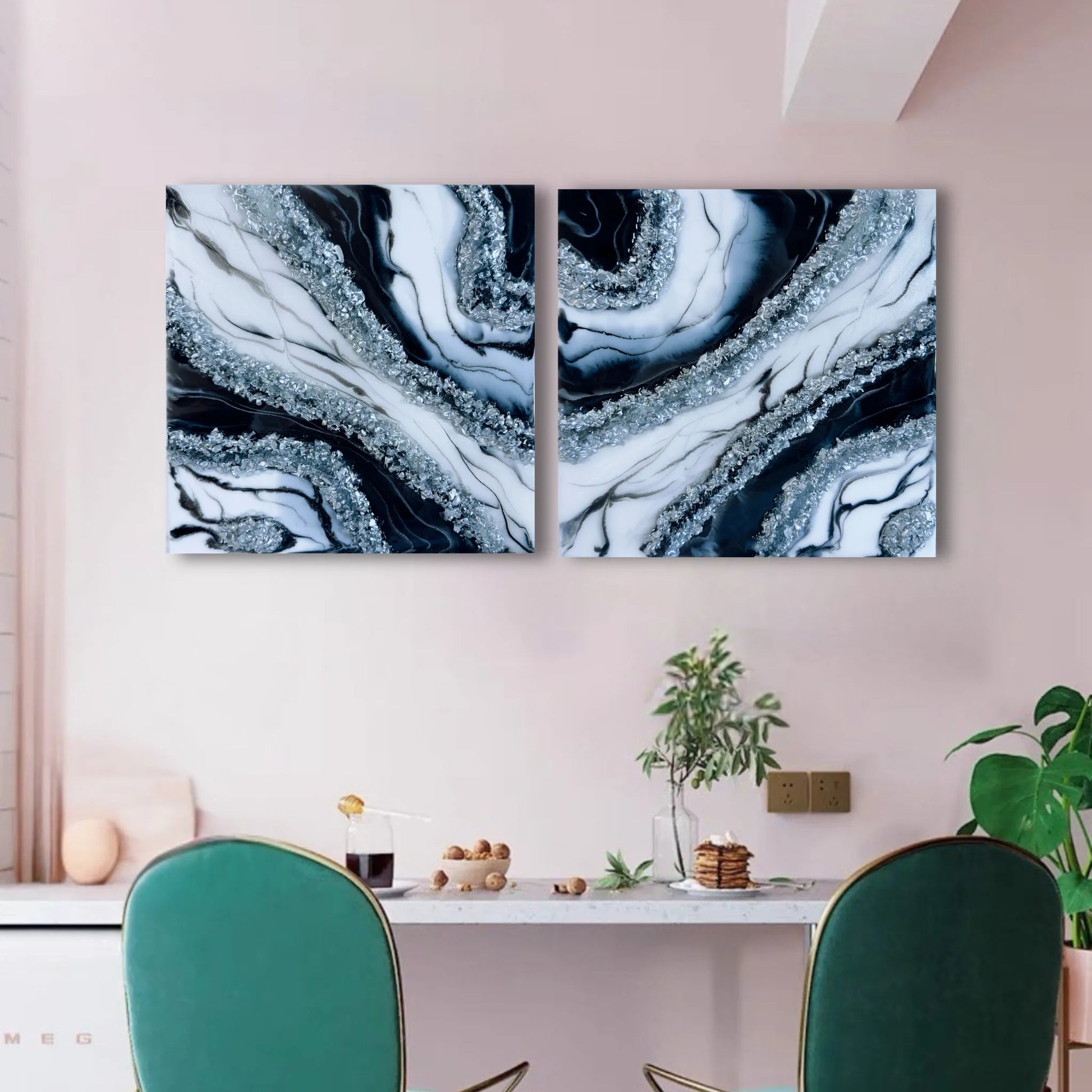 Luxus Wanddeko Geoden Set mit Silber-Kristallen, Nahaufnahme