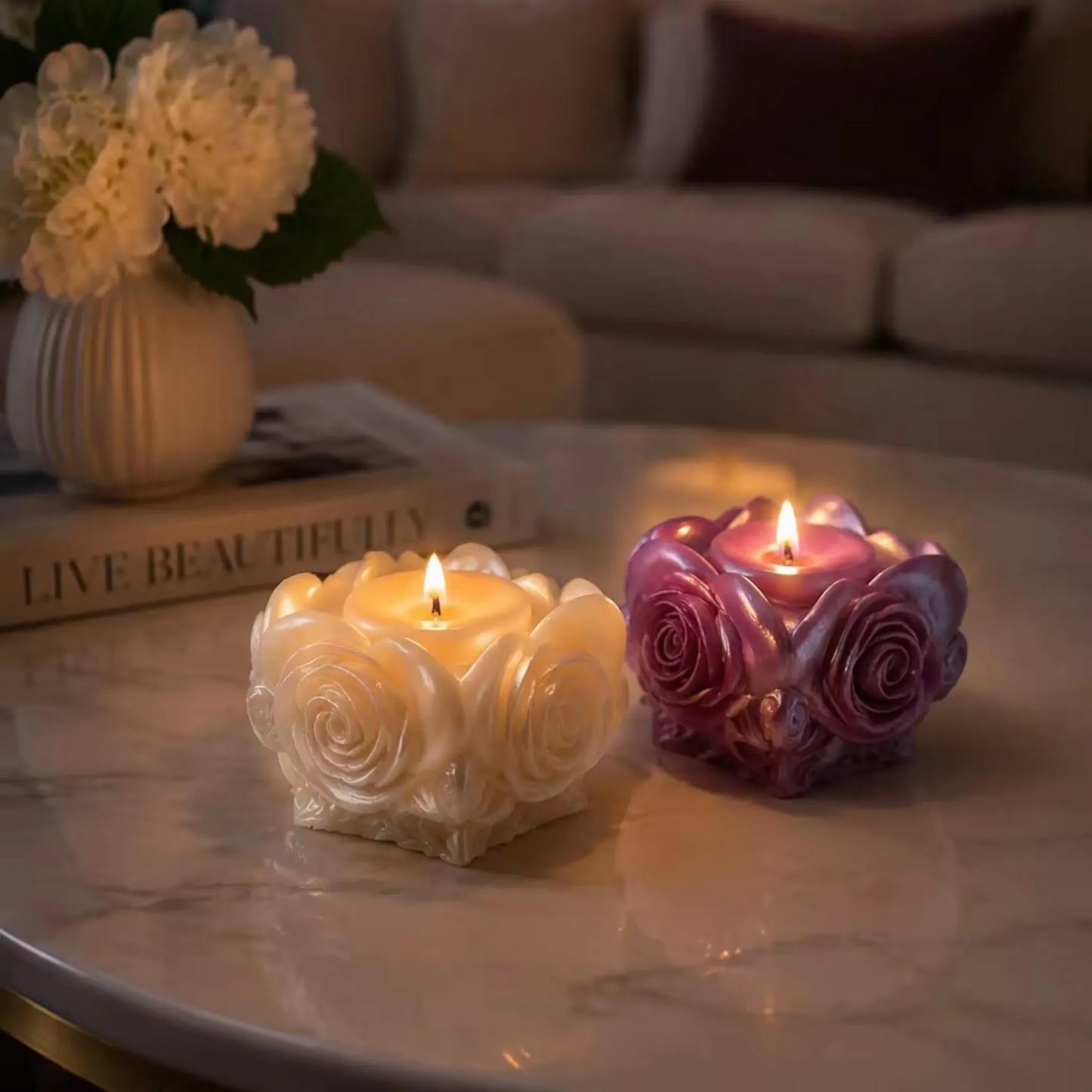 Handgemachte Rosenkerze aus Rapswachs, romantisches Geschenk für Frauen