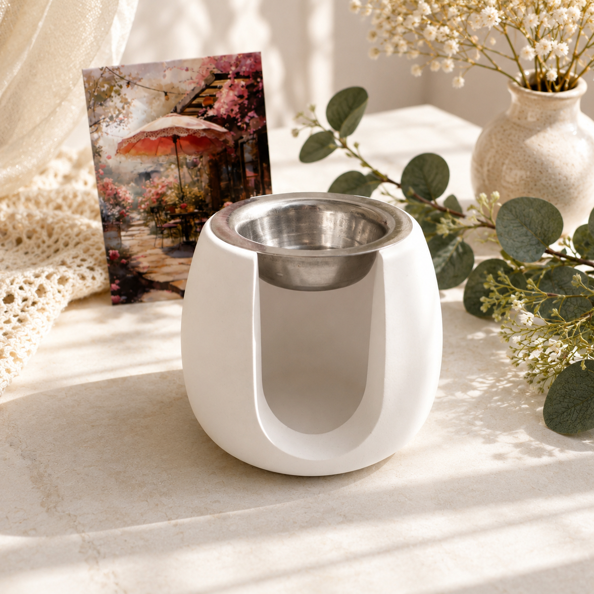 Handgefertigte Gips-Duftlampe in Weiß – Aromalampe für Wax Melts, runde Form mit Metallschale, Wohndeko von DaarArt
