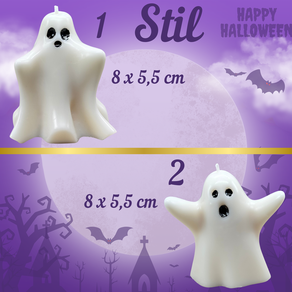 Zwei Formen der Geisterkerze in Weiß, Stil 1 und Stil 2, je ca. 8 × 5,5 cm, vor lila Halloween-Hintergrund
