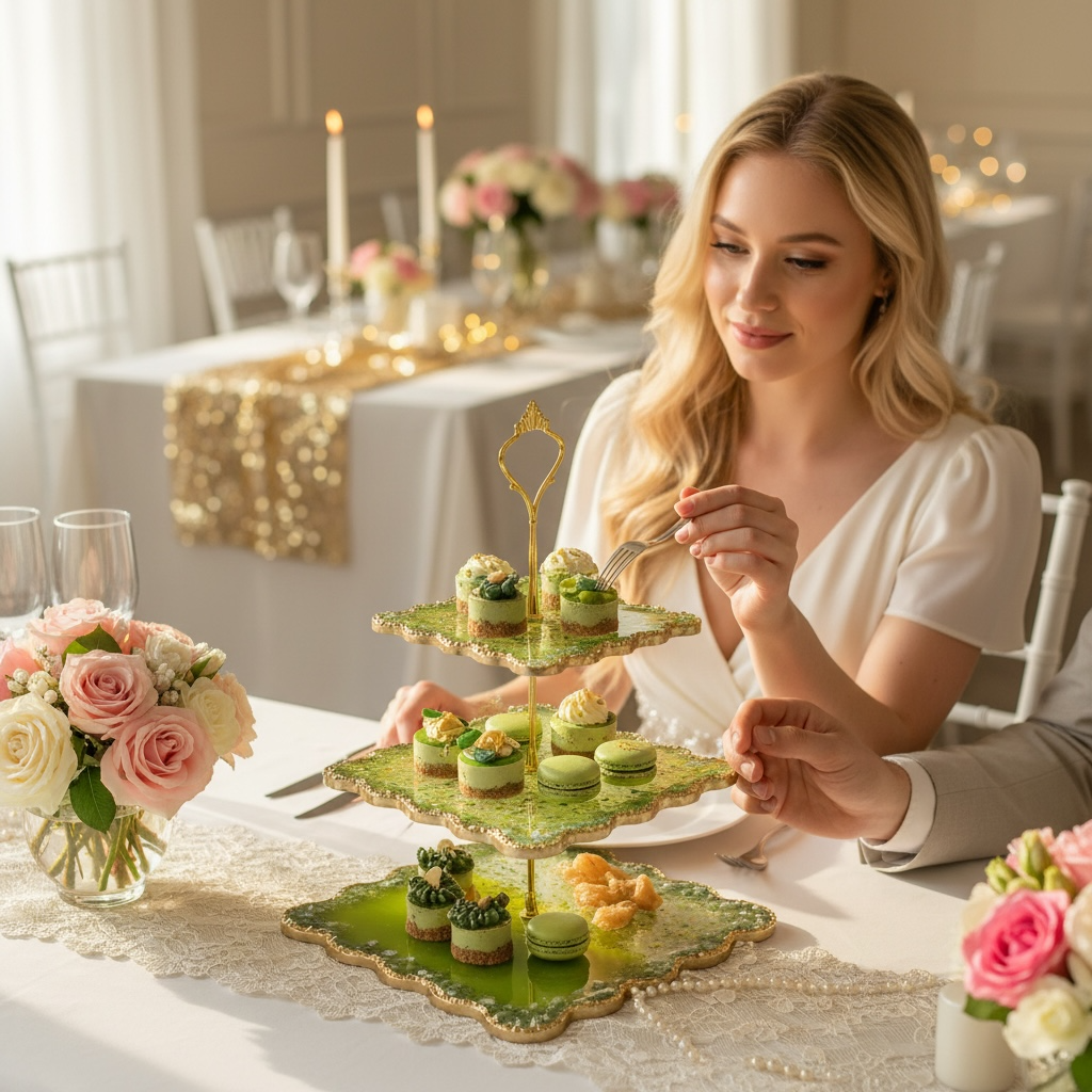 3‑stöckige Etagere für Hochzeit, Cupcakes & Desserttisch in Grün Gold