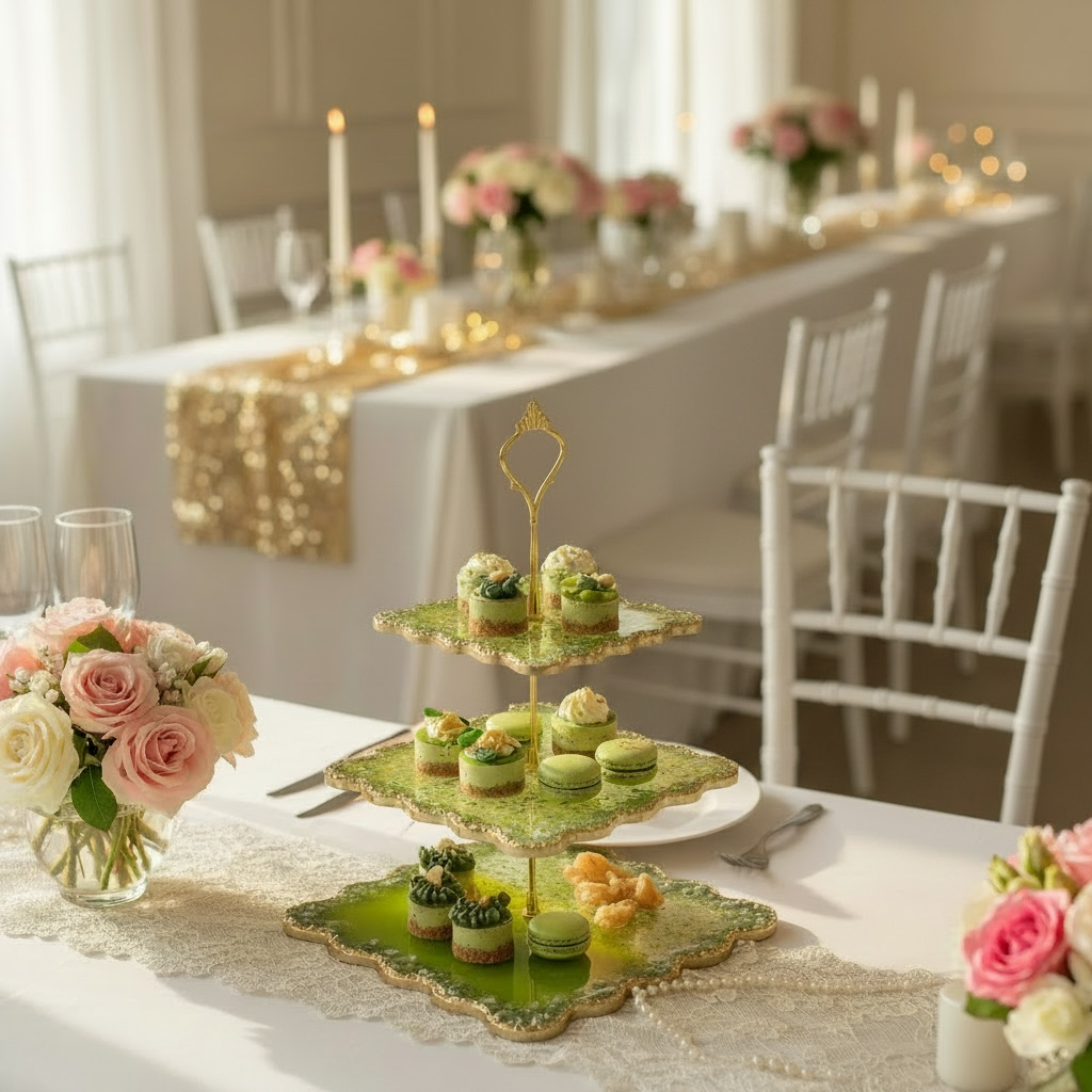3‑stöckige Etagere für Hochzeit, Cupcakes & Desserttisch in Grün Gold