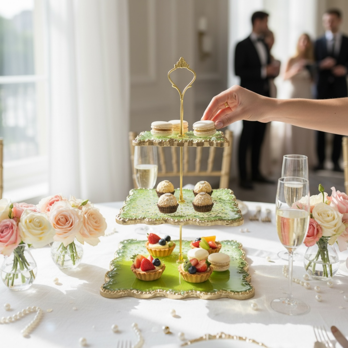3‑stöckige Etagere für Hochzeit, Cupcakes & Desserttisch in Grün Gold
