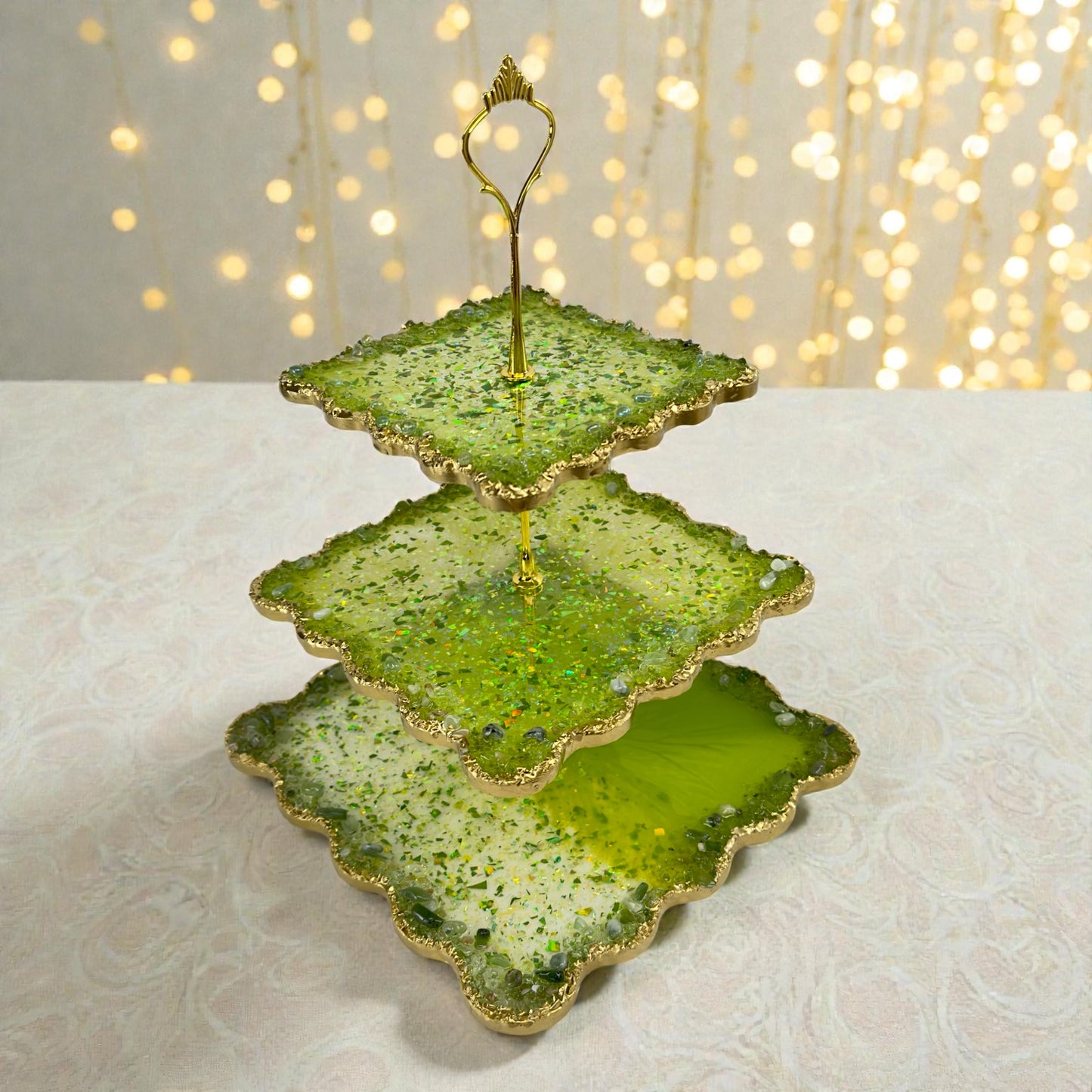 3‑stöckige Etagere für Hochzeit, Cupcakes & Desserttisch in Grün Gold