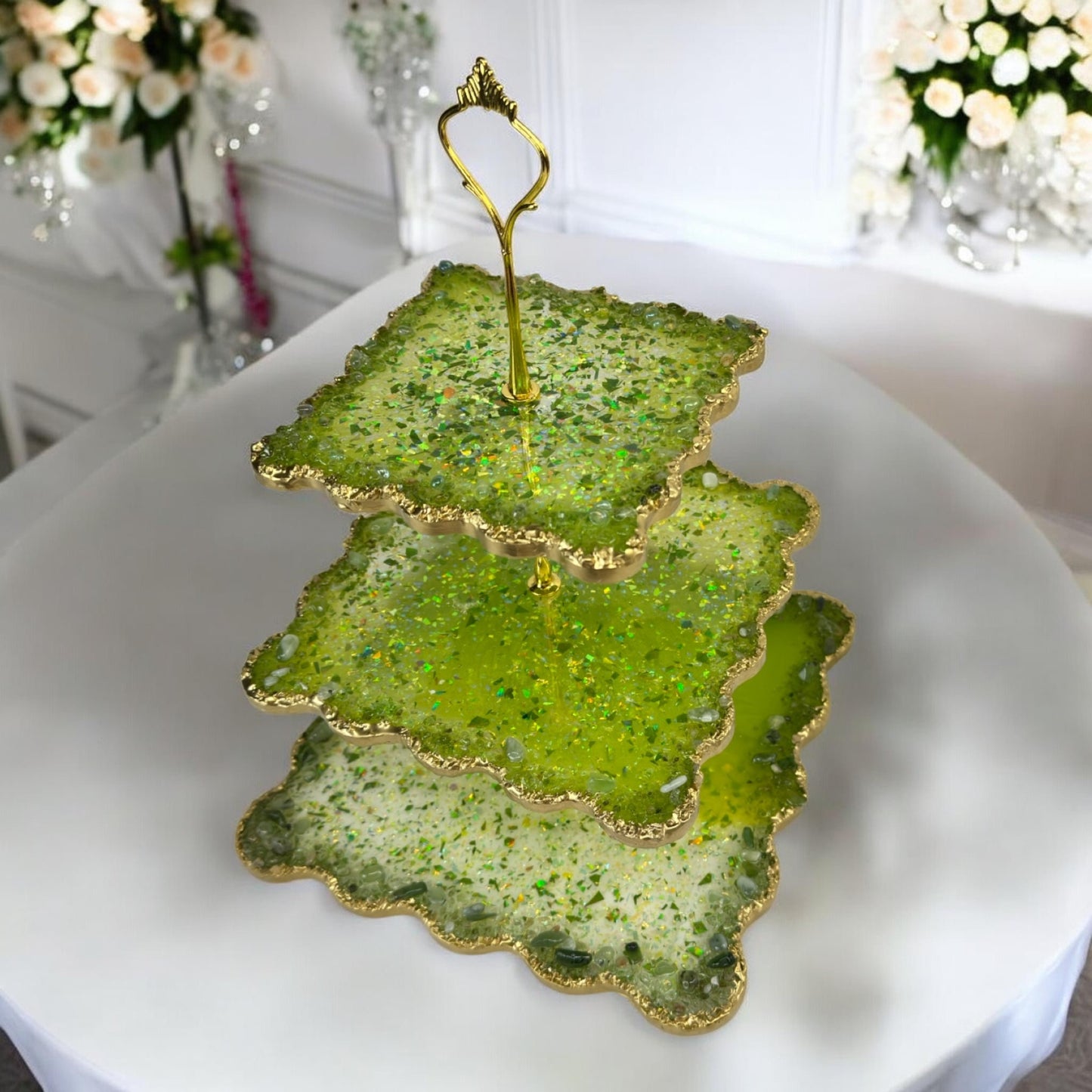 3‑stöckige Etagere für Hochzeit, Cupcakes & Desserttisch in Grün Gold