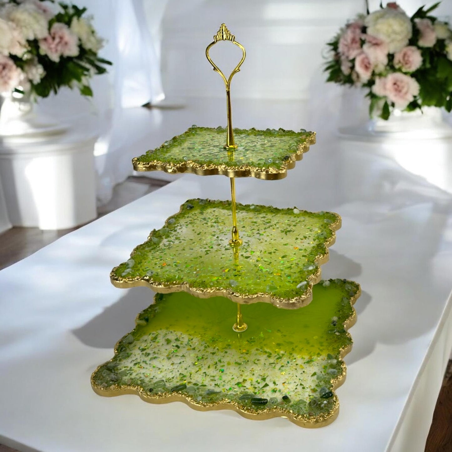 3‑stöckige Etagere für Hochzeit, Cupcakes & Desserttisch in Grün Gold