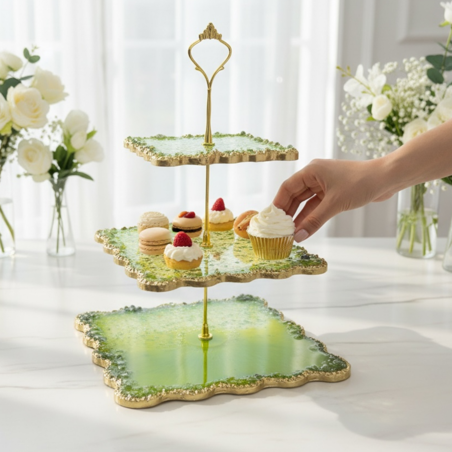 3‑stöckige Etagere für Hochzeit, Cupcakes & Desserttisch in Grün Gold