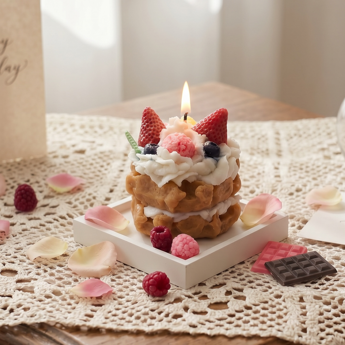 Dessertkerze Erdbeere Waffeln – handgemachte Duftkerze im Torten-Design