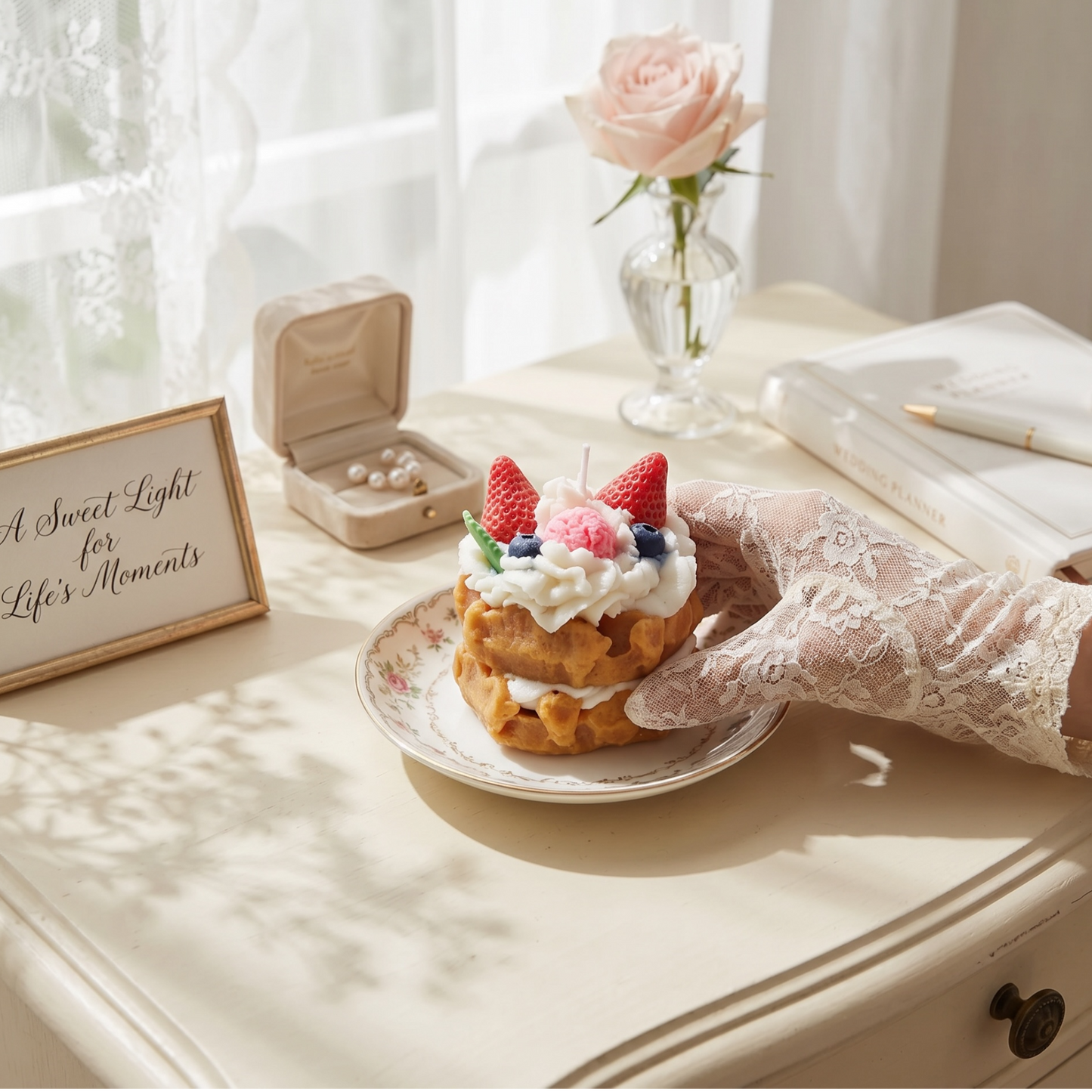 Dessertkerze Erdbeere Waffeln – handgemachte Duftkerze im Torten-Design
