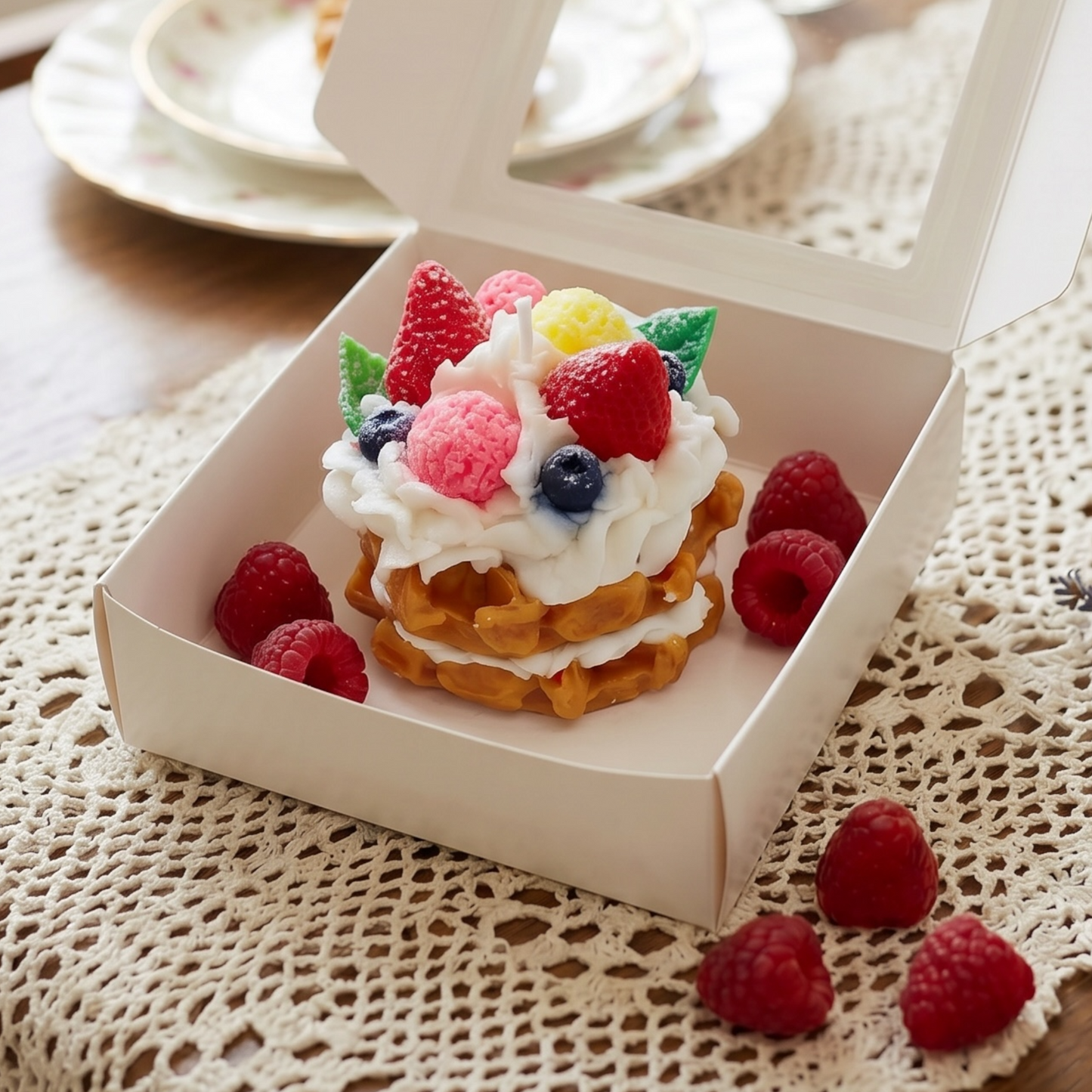 Dessertkerze Erdbeere Waffeln – handgemachte Duftkerze im Torten-Design