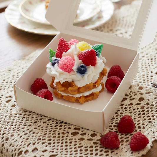 Dessertkerze Erdbeere Waffeln – handgemachte Duftkerze im Torten-Design