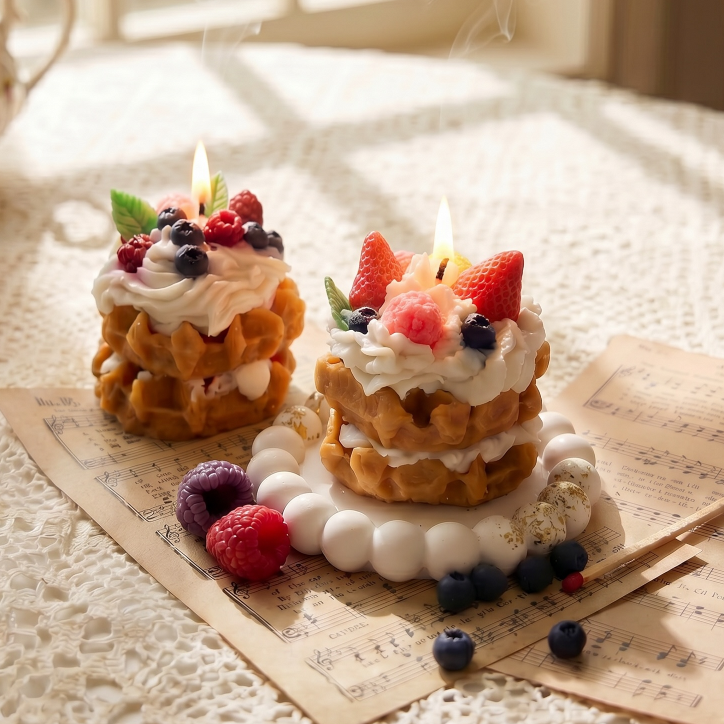 Dessertkerze Erdbeere Waffeln – handgemachte Duftkerze im Torten-Design