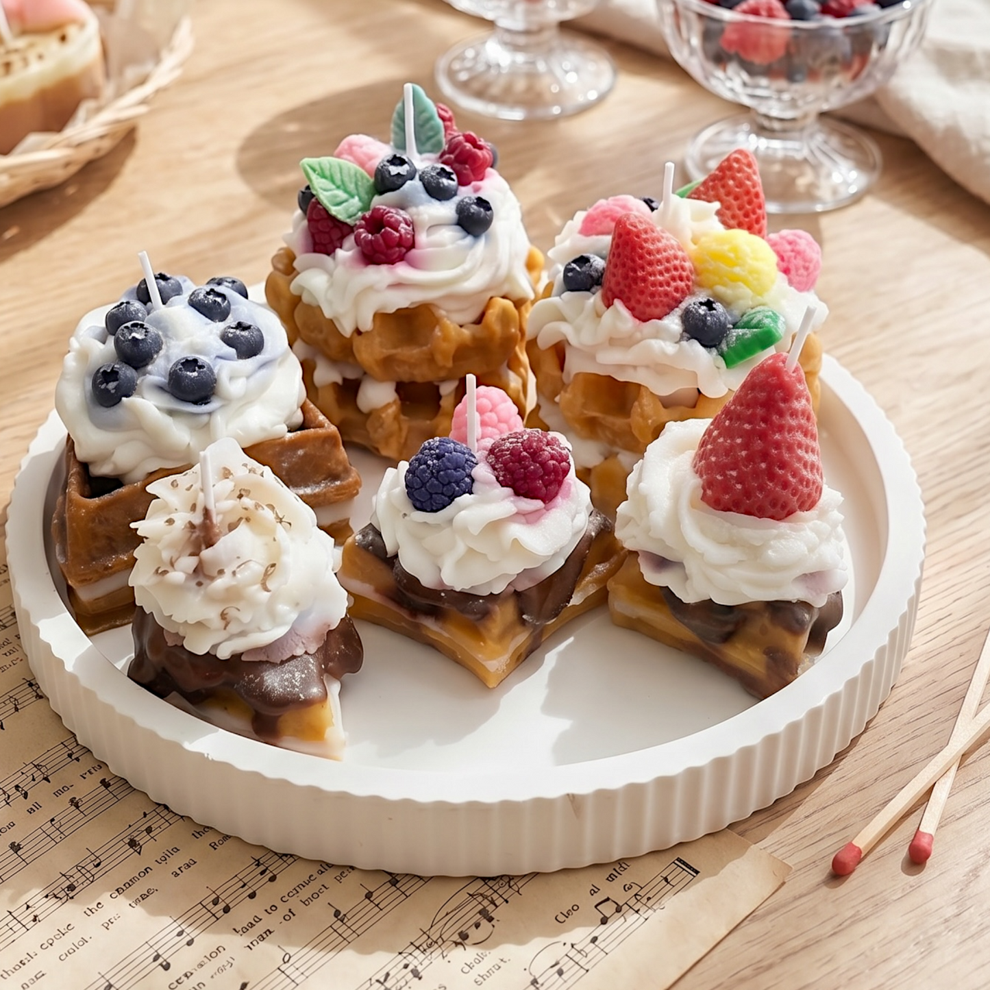 Dessertkerze Erdbeere Waffeln – handgemachte Duftkerze im Torten-Design