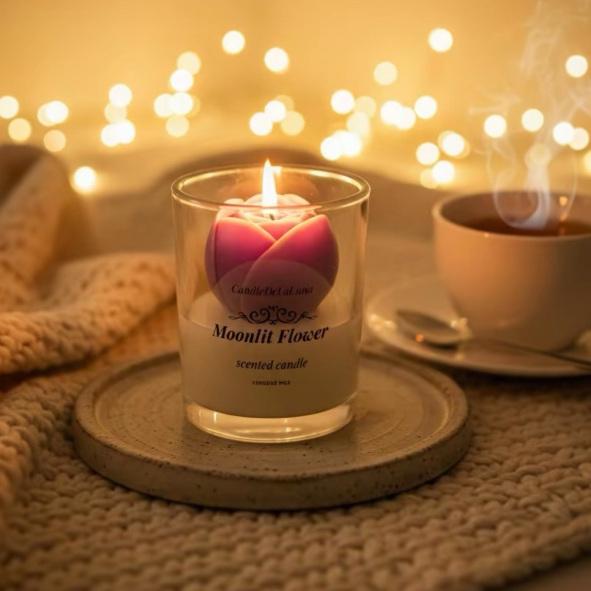 Brennende pinke Rosenkerze im Glas auf einem Untersetzer neben einer Tasse Tee vor Lichterketten
