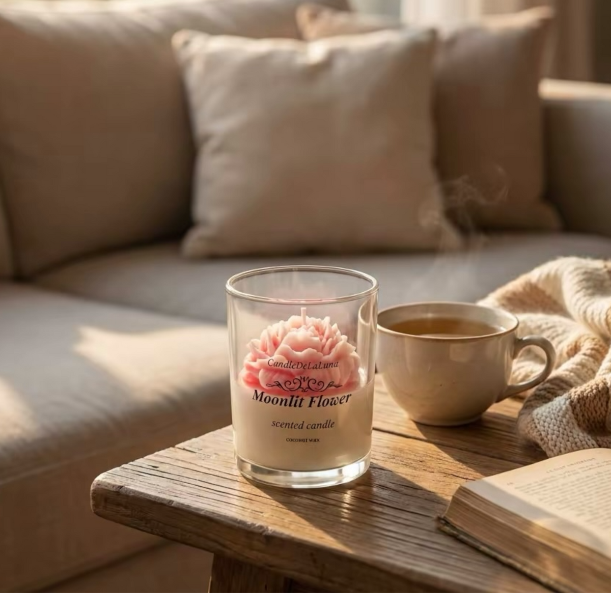 Blumenkerze im Glas mit Rose oder Pfingstrose zur Wohndeko