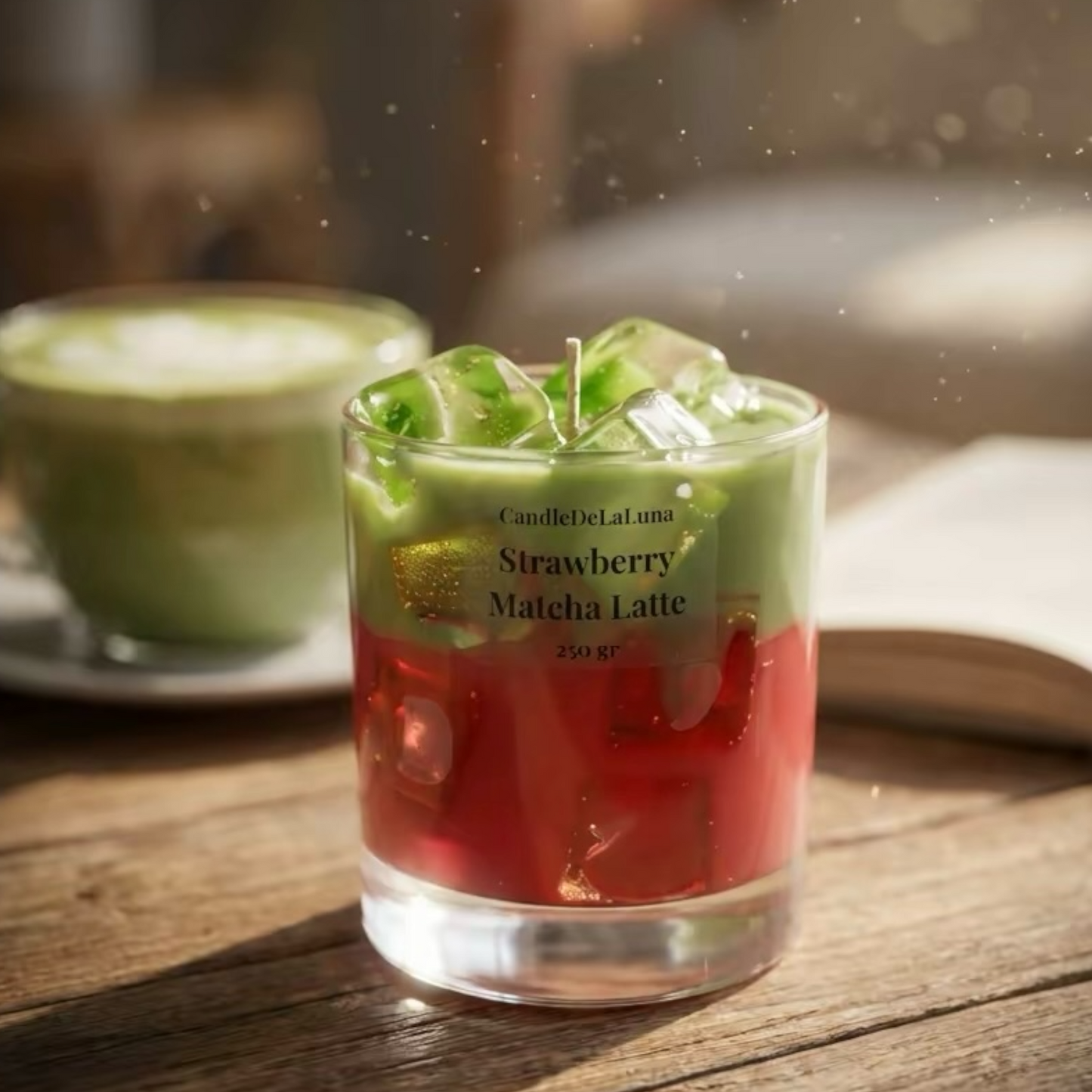 Eine dekorative Kerze in Form eines Strawberry Matcha Latte mit einer grünen oberen Schicht, einer roten unteren Schicht und Wachs-Eiswürfeln steht auf einem Holztisch, im Hintergrund ist eine verschwommene Tasse mit echtem Matcha Latte zu sehen.